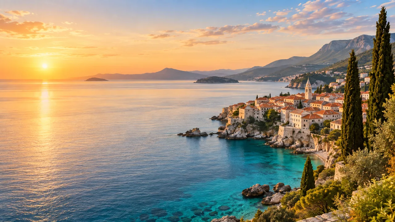 Sunset over an Adriatic coastal town and calm blue sea.