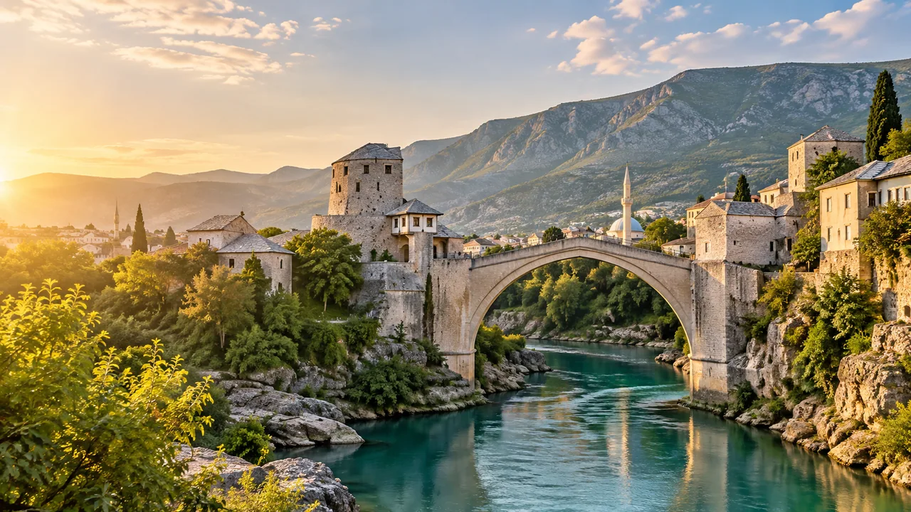 An illustrated view of Mostar’s arched stone bridge over a turquoise river.