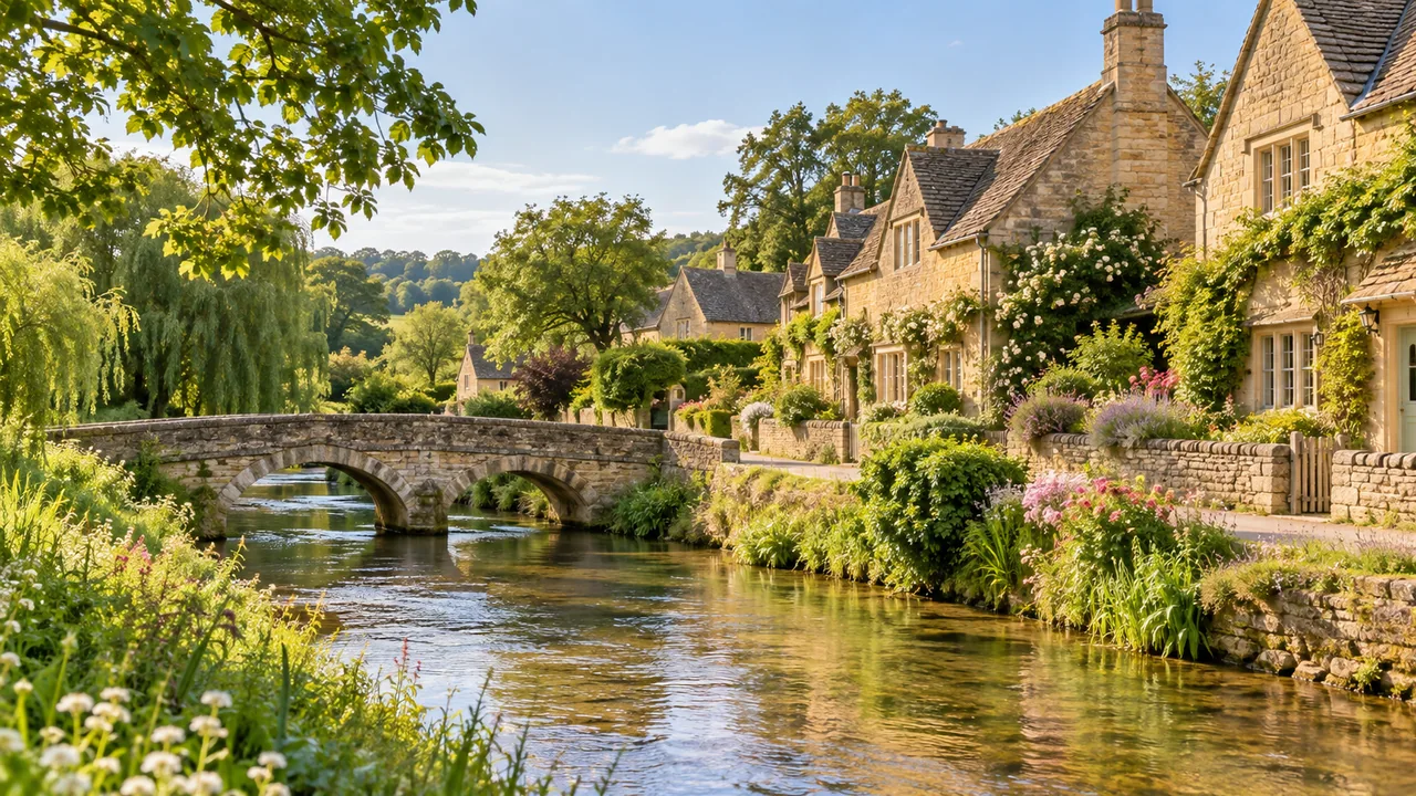 Honey-coloured Cotswolds cottages beside a stream and stone bridge.