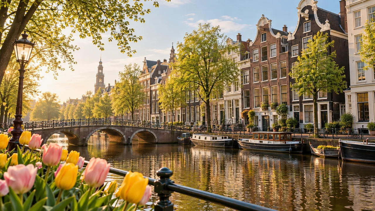 Amsterdam canal houses and spring tulips beside the water.