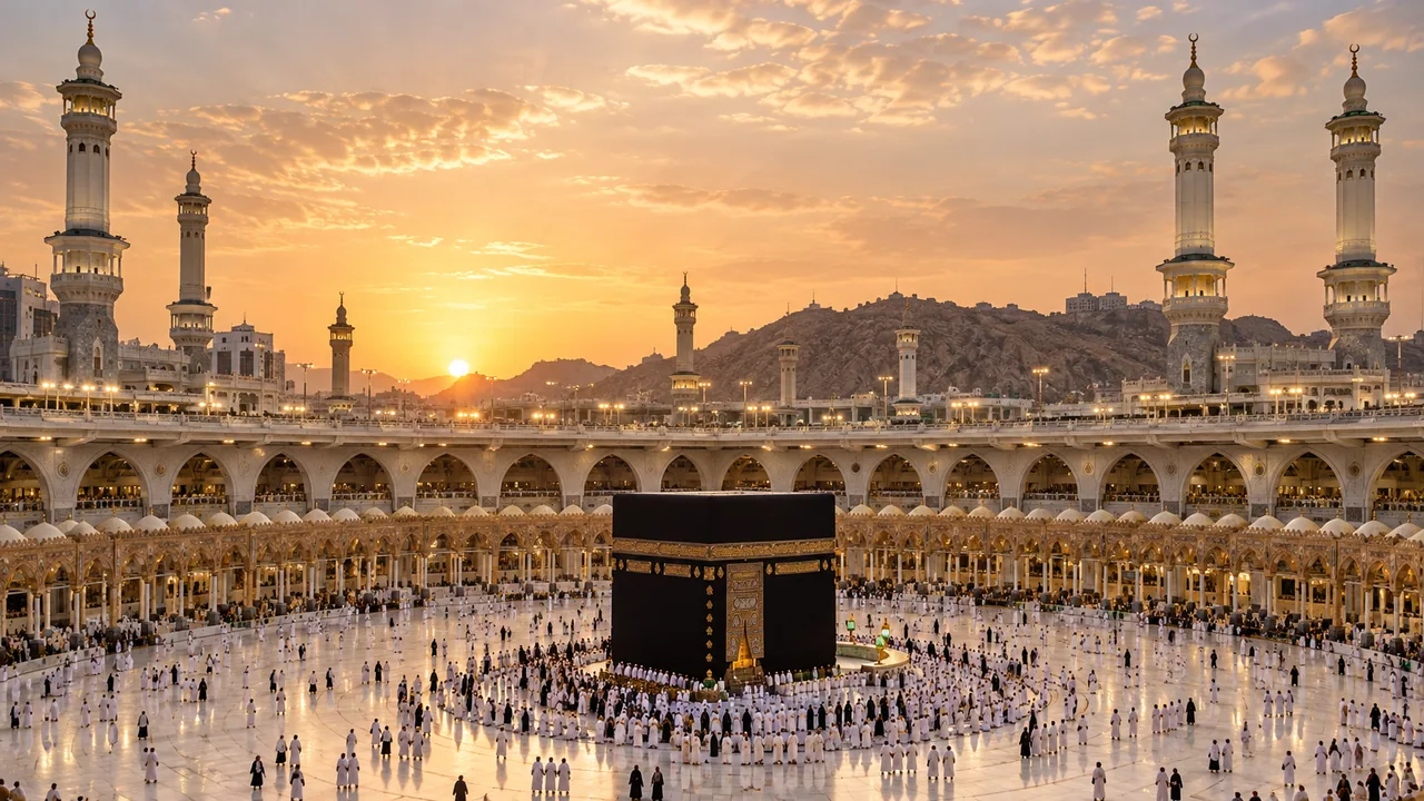 An illustrated view of the Kaaba and Masjid al-Haram in warm morning light.