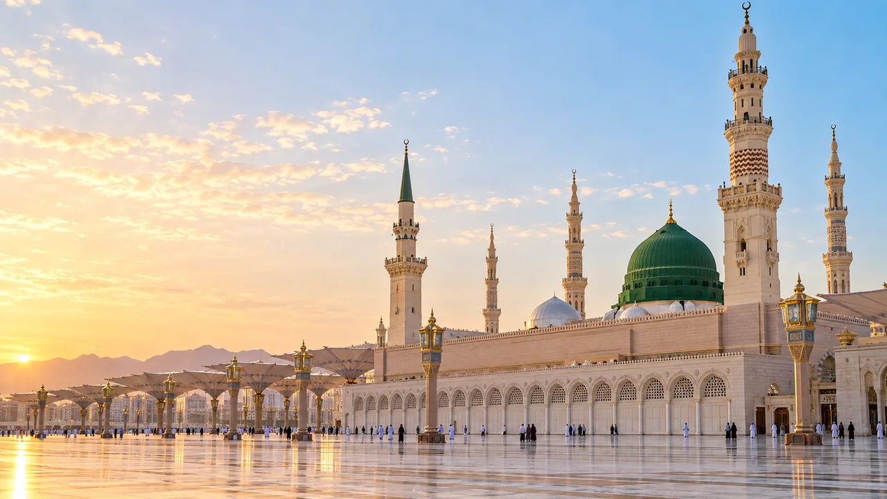 An illustrated view of the green dome and minarets in Madinah.