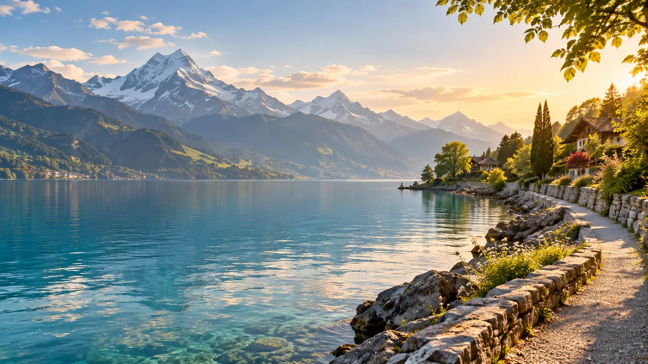 An Alpine lake, mountain peaks and a path beside wooden chalets.