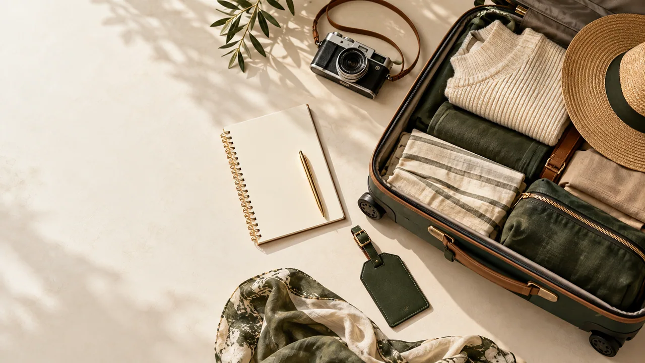 A packed suitcase, camera and blank checklist on a light surface.