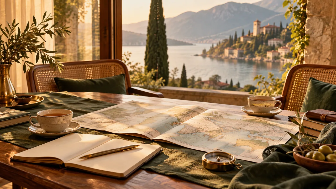 A map, notebook and two cups beside a window with a scenic view.