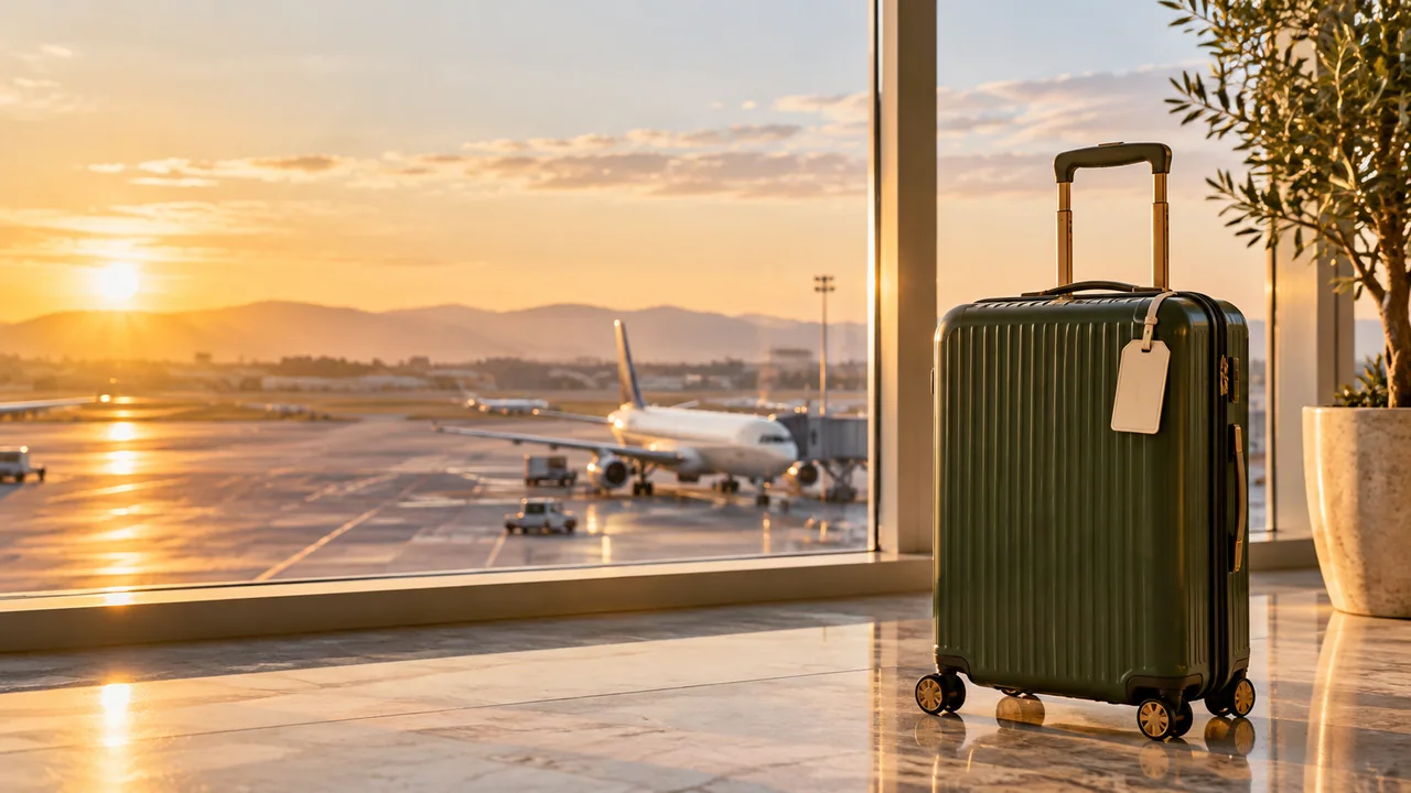 An evergreen suitcase at an airport window with an aircraft outside.